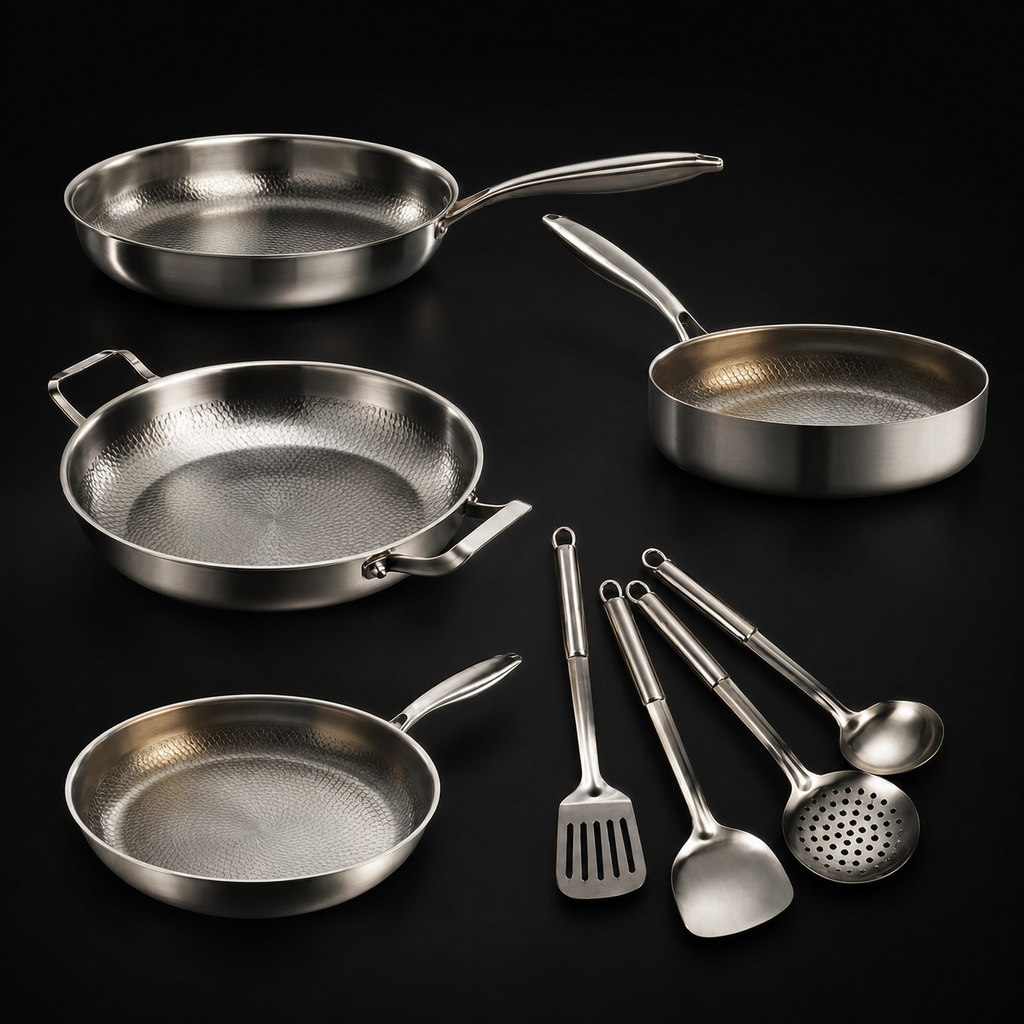 Hand-Hammered Titanium Family Set: 4 Pans & Utensils