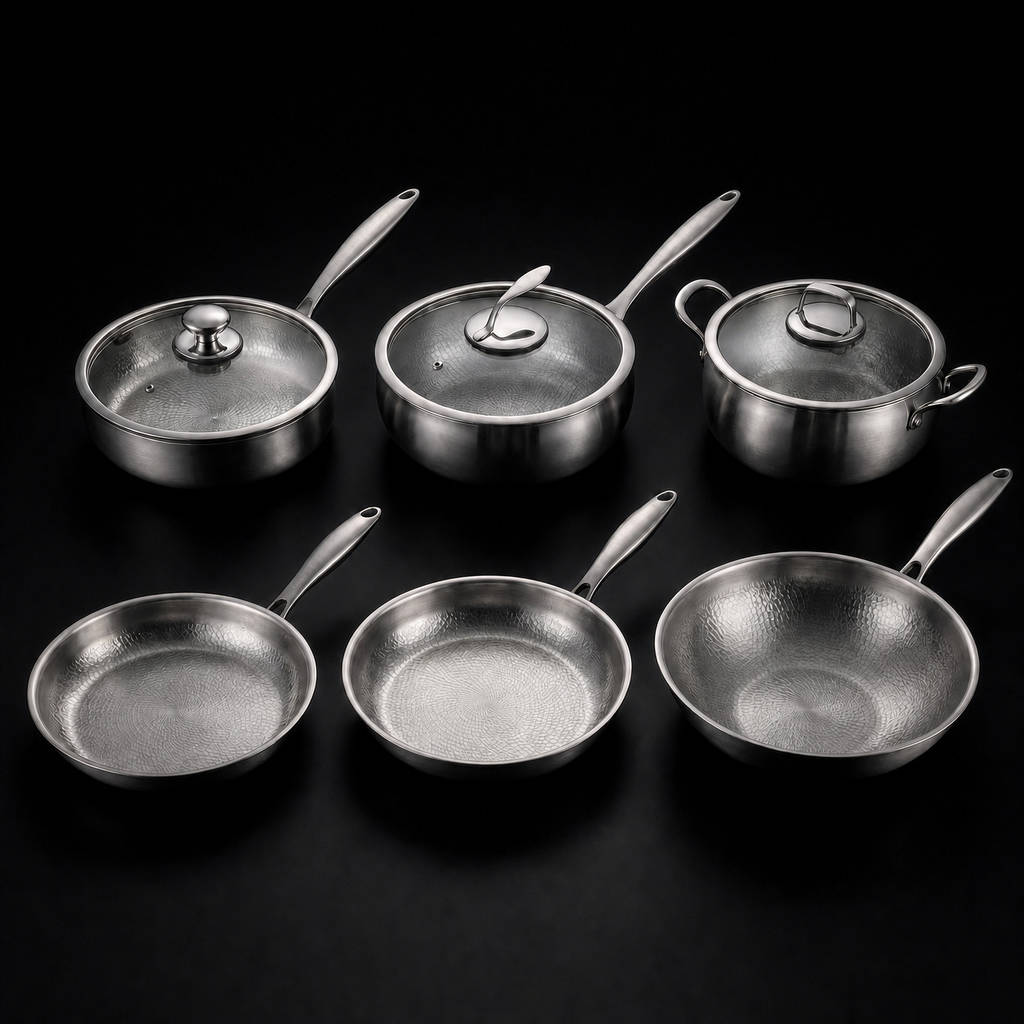 Hand-Hammered Titanium Complete Kitchen Set with 3 Lids (10, 11 & 12 Inch)