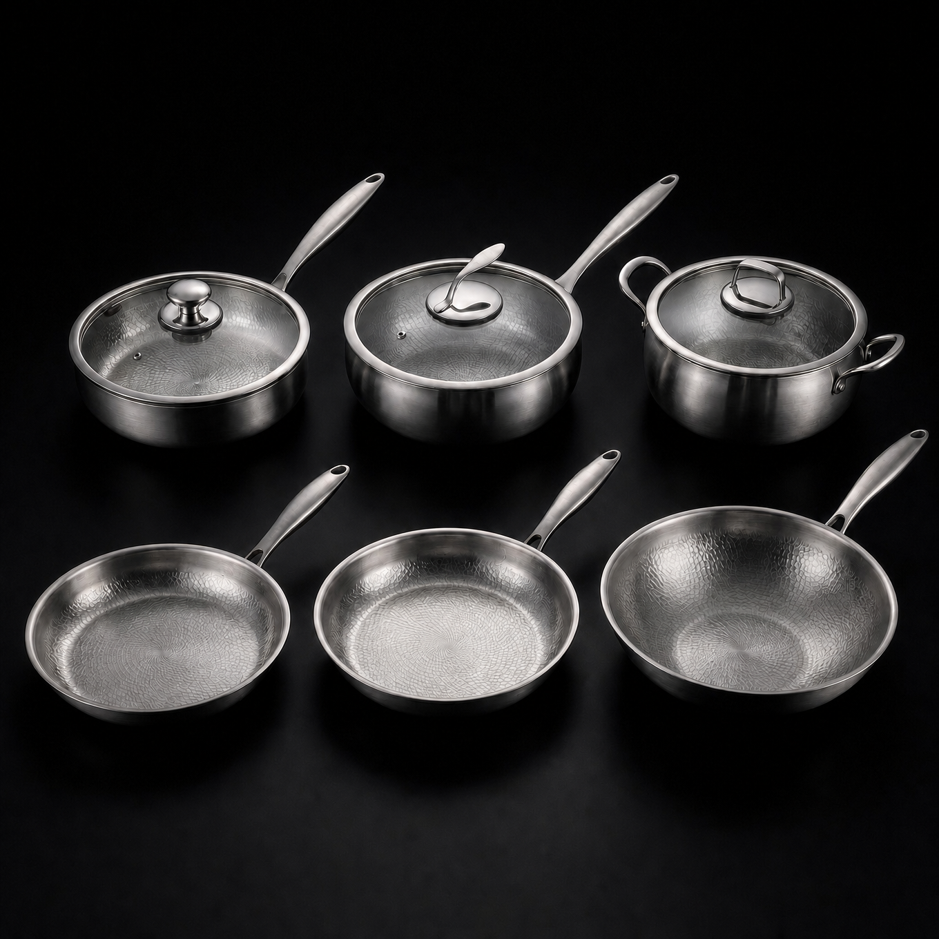 Hand-Hammered Titanium Complete Kitchen Set with 3 Lids (10, 11 & 12 Inch)