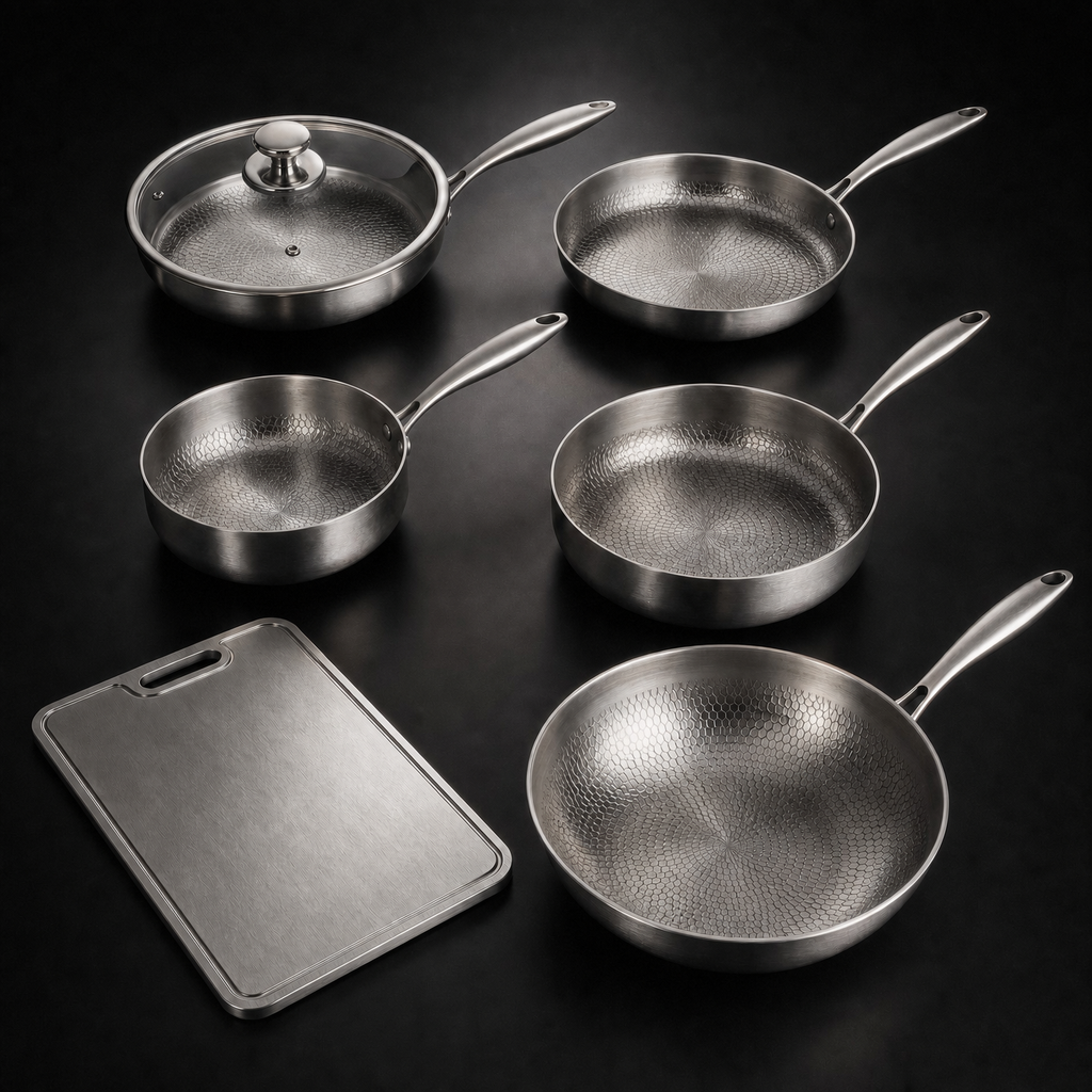 Hand-Hammered Titanium Multi-Pan Cook Set with Cutting Board (5 Pans, 8–10 Inch)