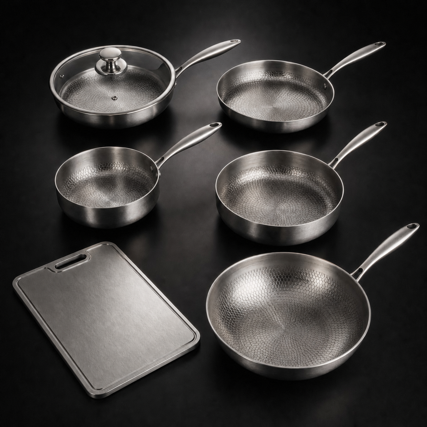 Hand-Hammered Titanium Multi-Pan Cook Set with Cutting Board (5 Pans, 8–10 Inch)